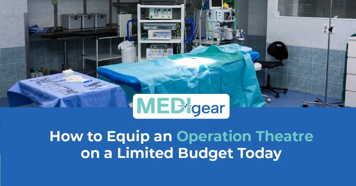 Fully equipped operation theatre with operating table, LED lights, monitoring, and diathermy set up 