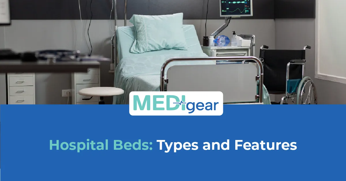 Different types of hospital beds including ICU, electric, and patient care beds in a modern healthca