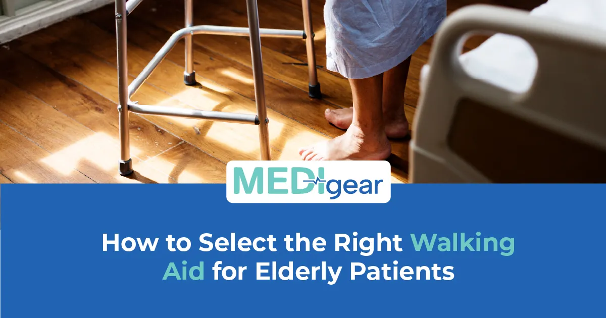 Range of walking aids including stick, quad stick, walking frame, wheeled frame, and rollator displa
