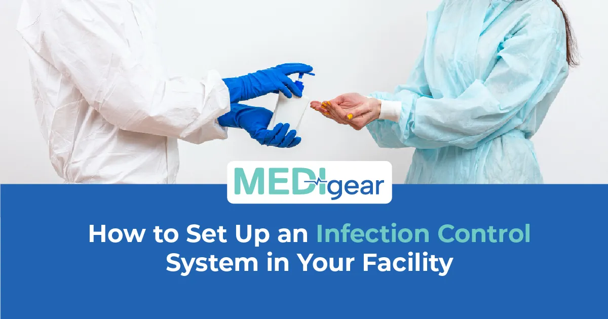 Healthcare facility infection control setup showing hand hygiene station, autoclave, PPE station, an