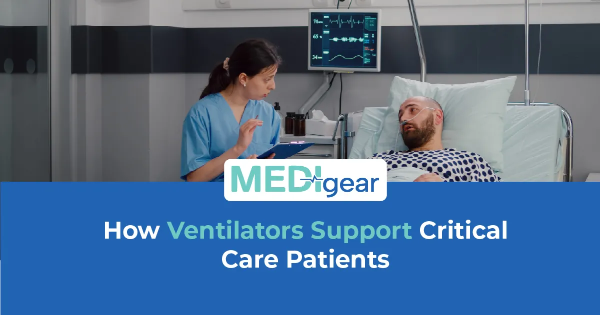 Modern ICU ventilator connected to patient monitoring systems in a critical care unit