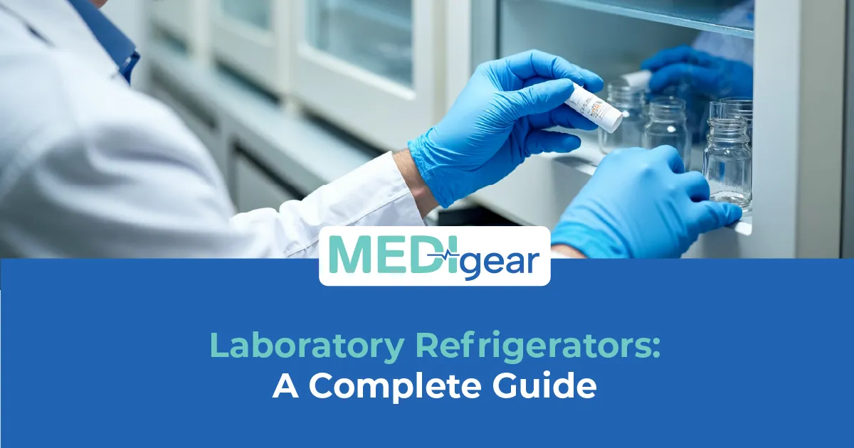 Modern laboratory refrigerator storing medical samples and diagnostic materials in healthcare facili