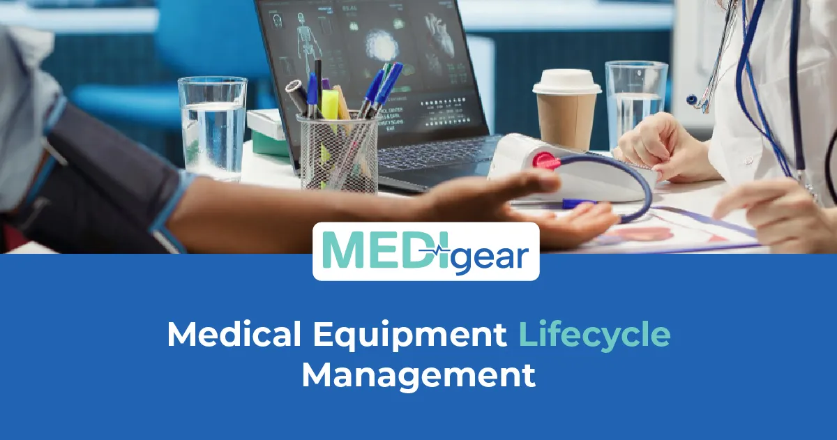 Asset manager reviewing medical equipment lifecycle performance data and maintenance schedules