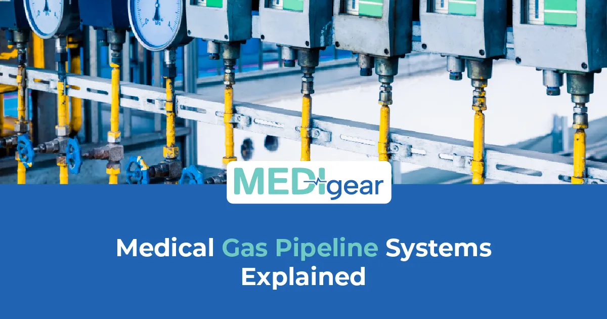 Medical gas pipeline system with oxygen, vacuum, and air outlets in a modern hospital clinical area.