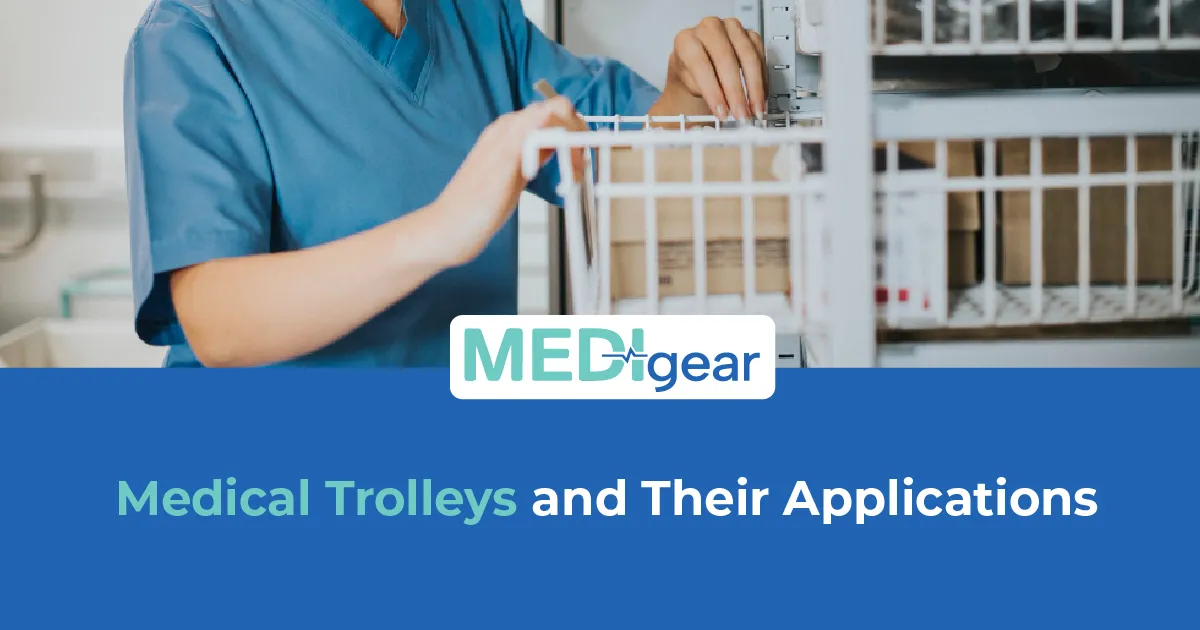 Modern medical trolley carrying healthcare equipment in a clinical environment