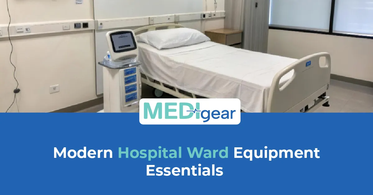 Modern hospital ward equipped with beds, monitoring devices, furniture, and patient care equipment
