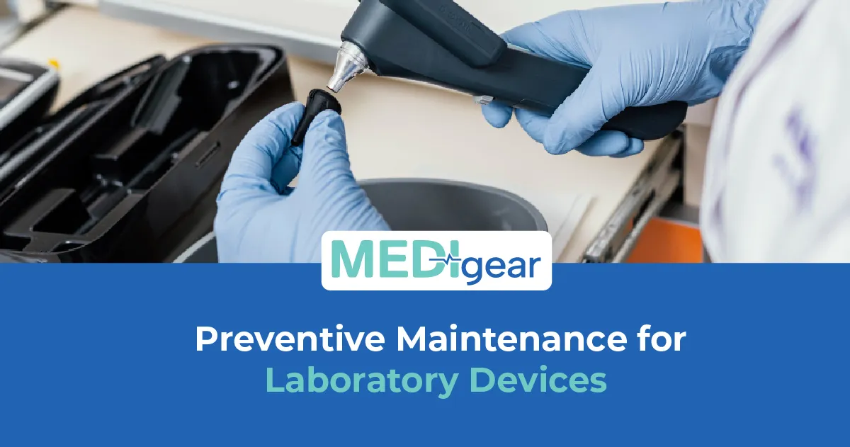 Biomedical engineer performing preventive maintenance on laboratory diagnostic equipment in healthca