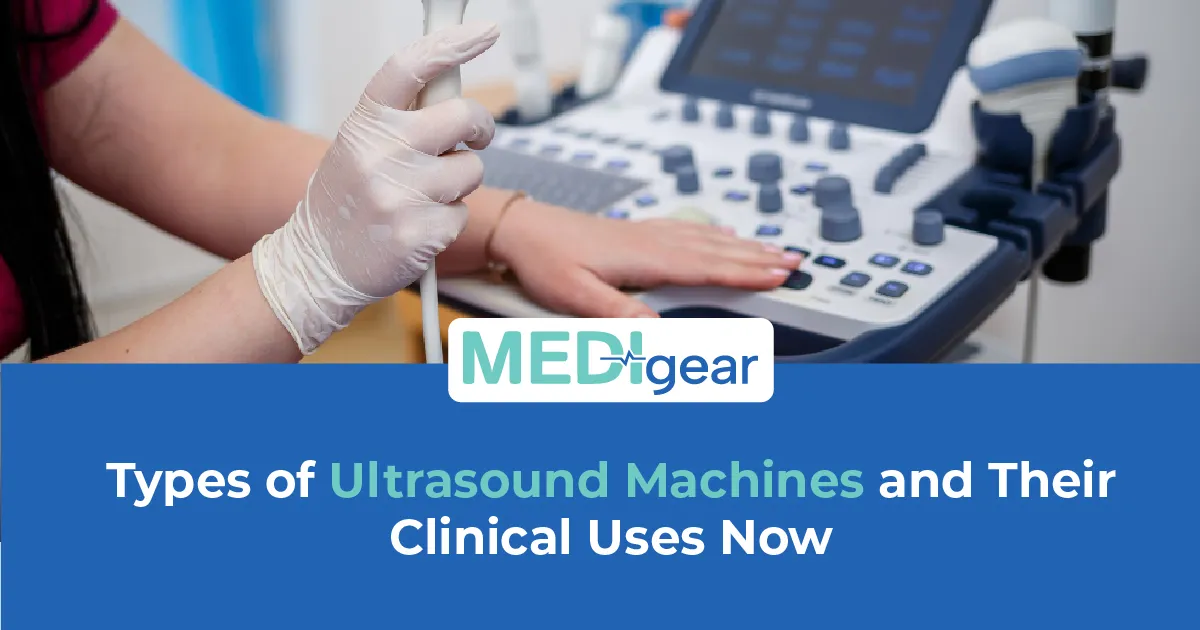 Four types of ultrasound machine — cart-based, portable, POCUS handheld, and laptop — displayed side
