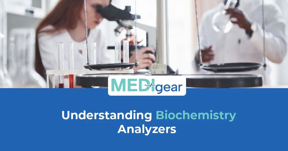 Modern biochemistry analyzer processing clinical laboratory samples in diagnostic healthcare facilit
