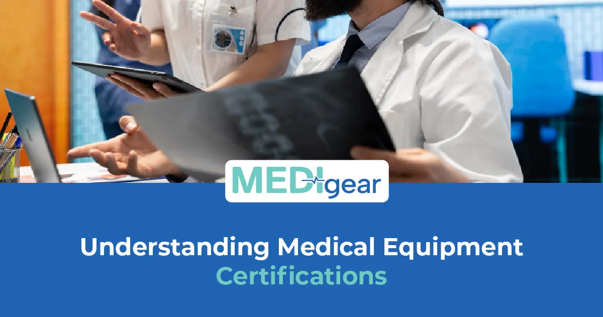 Healthcare professional reviewing medical equipment certification documents and compliance records