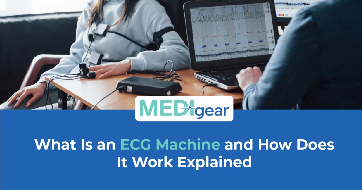 Clinical ECG machine printing a 12-lead electrocardiogram trace with electrodes attached to a patien