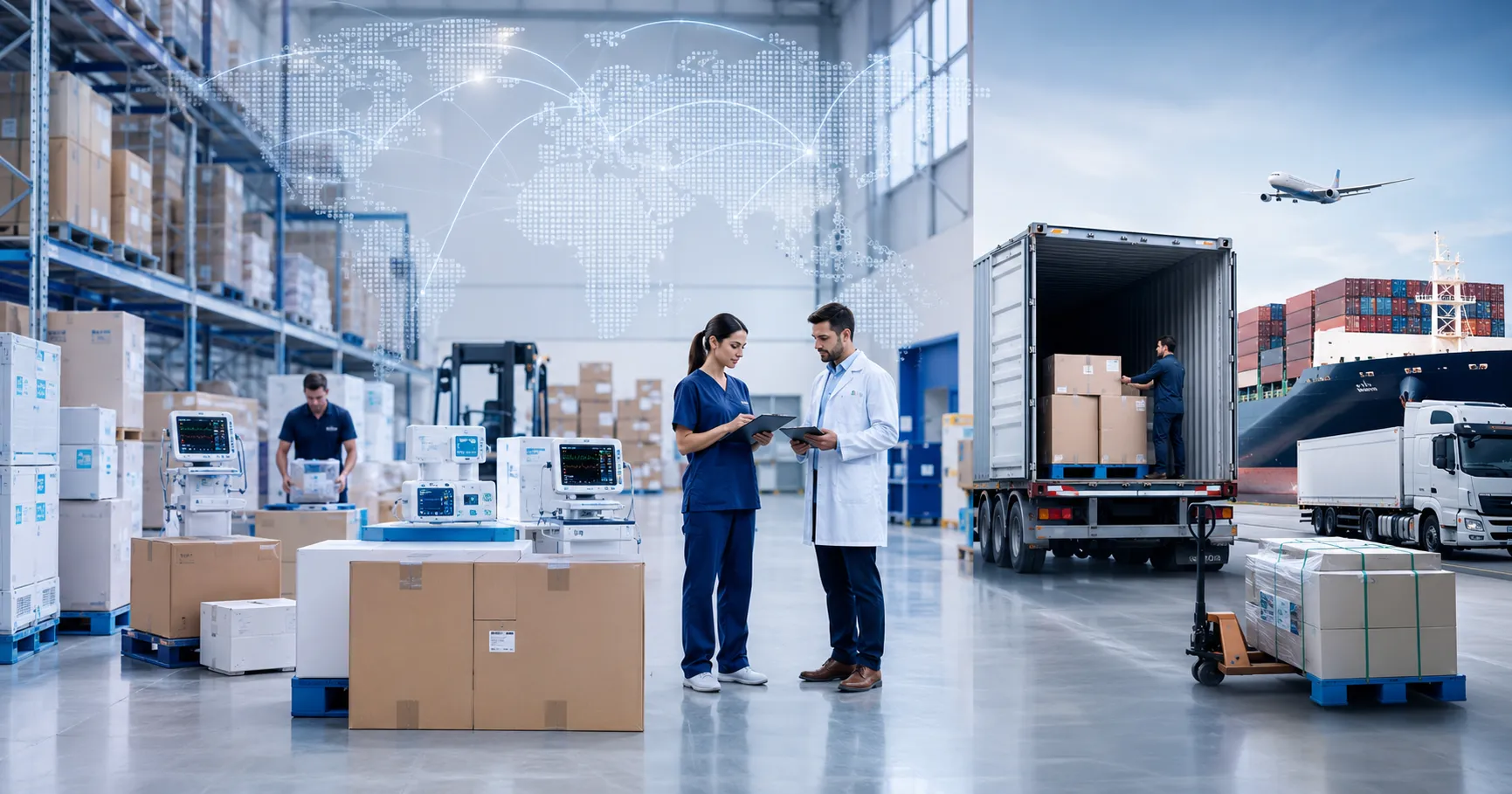 Healthcare supply chain connecting medical equipment suppliers, warehouses, logistics teams, digital