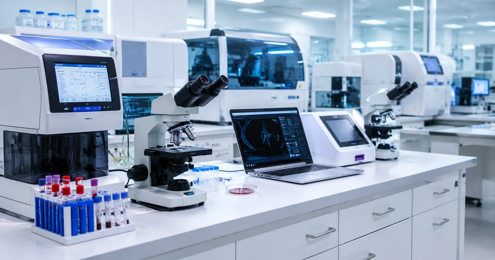 Hospital laboratory team using advanced diagnostic equipment with analysers, sample workflow tools, 