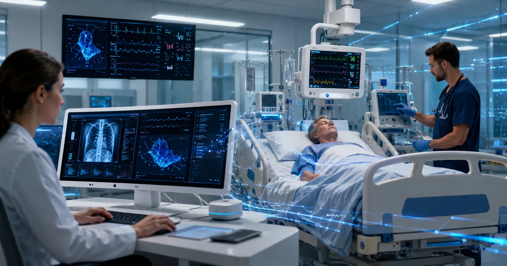 Modern hospital team using AI-enabled medical equipment with smart monitors, imaging systems, and di