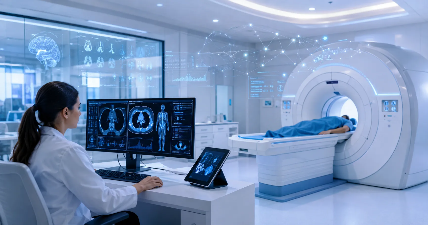 Radiology team using AI-powered imaging equipment with diagnostic monitors, scan images, workflow da