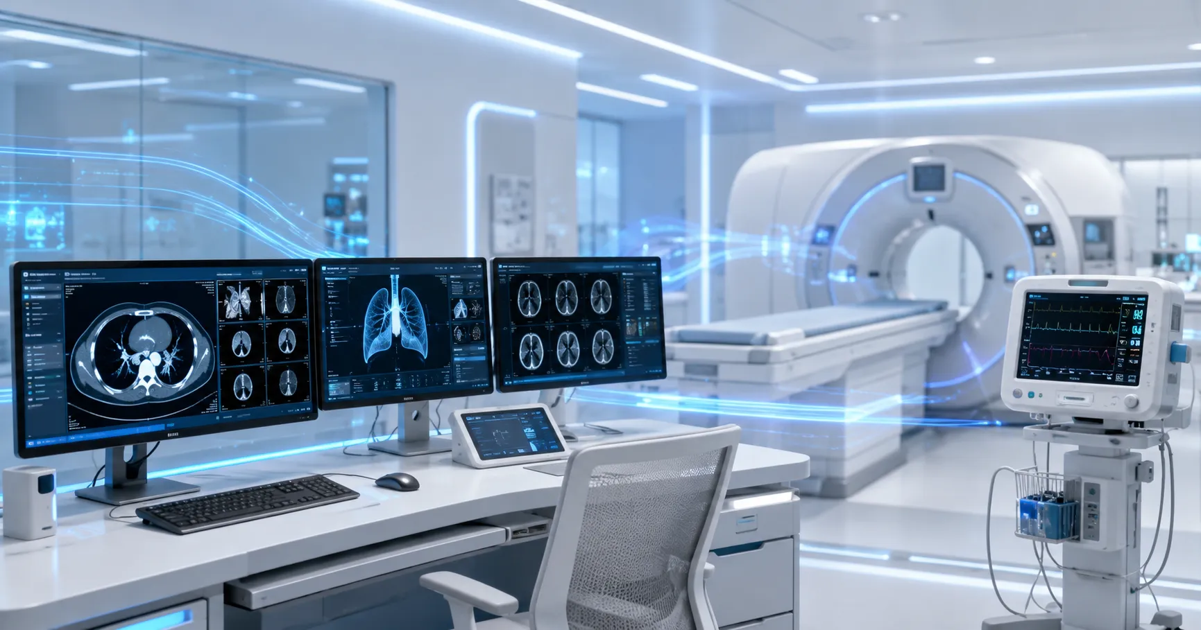 Healthcare team using AI-ready diagnostic equipment with imaging monitors, laboratory analysers, wor