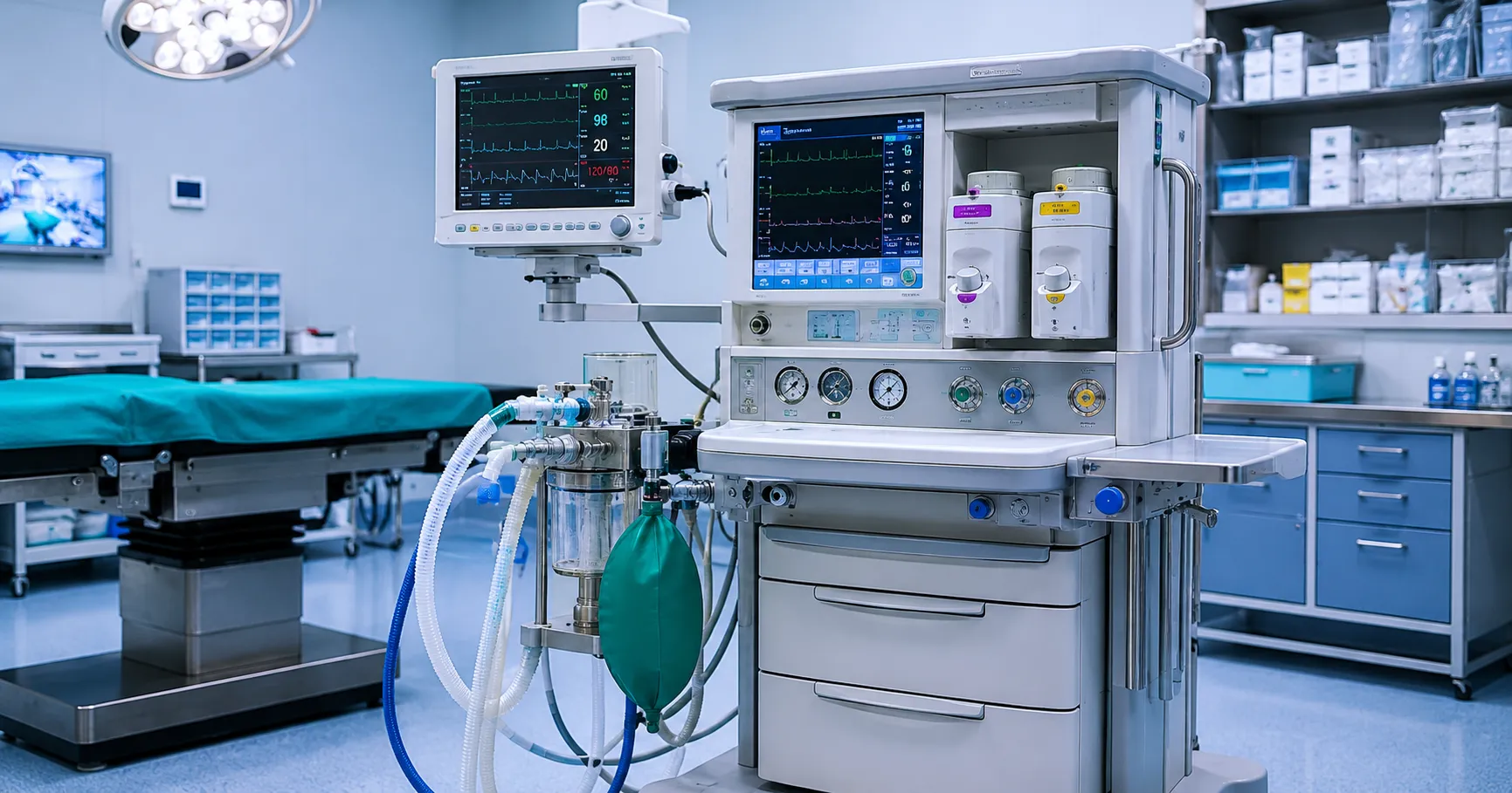 Modern anesthesia workstation in an operating room equipped with monitoring screens, breathing circu