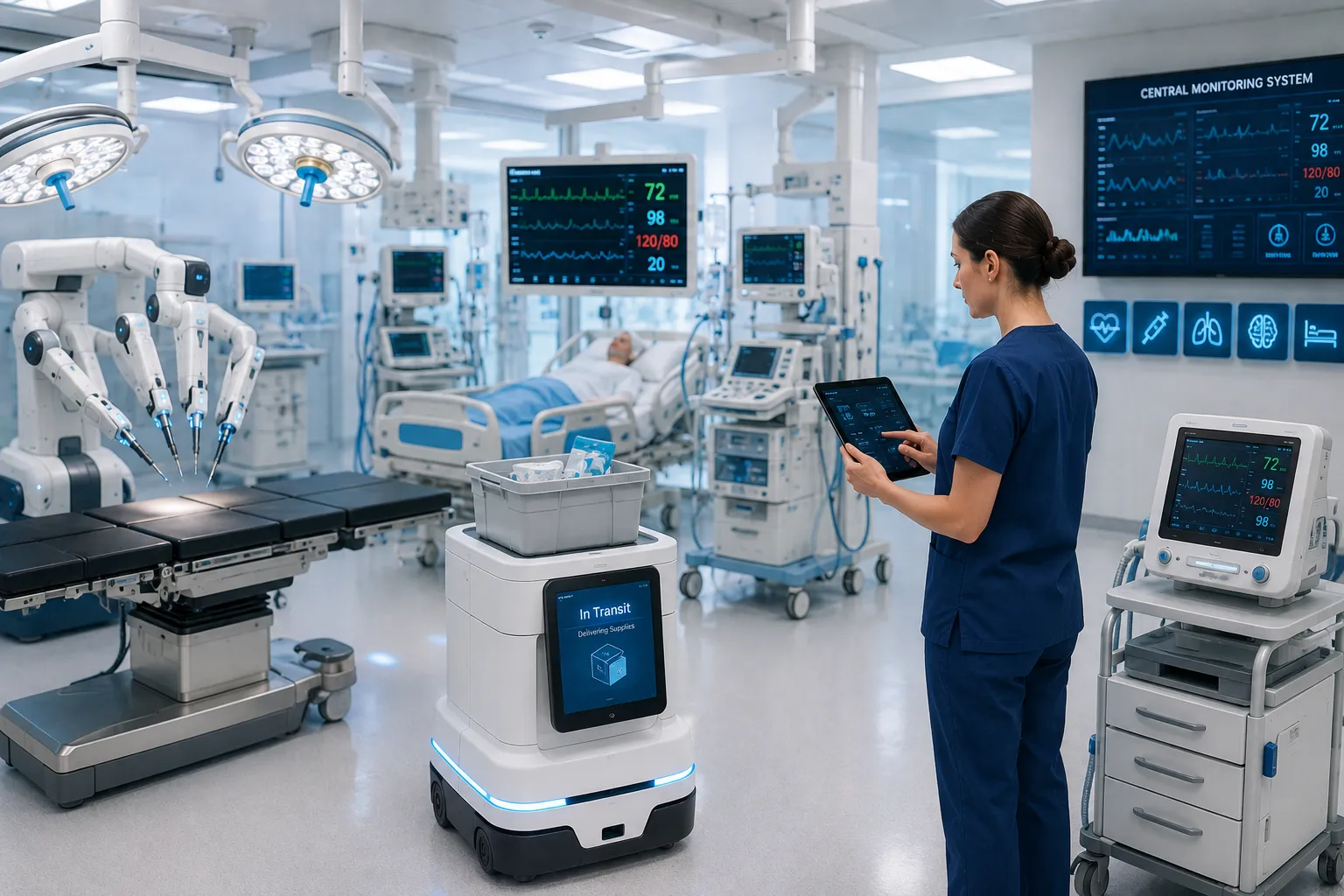 Hospital technology team reviewing automation trends in medical equipment with robotic systems, conn