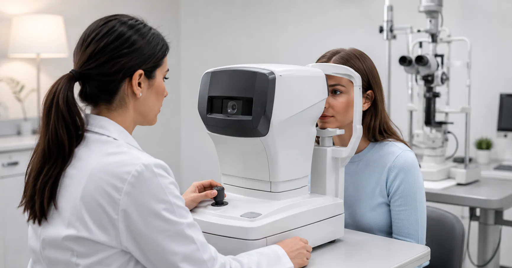 Digital autorefractor used in a modern eye care clinic for patient vision measurement.