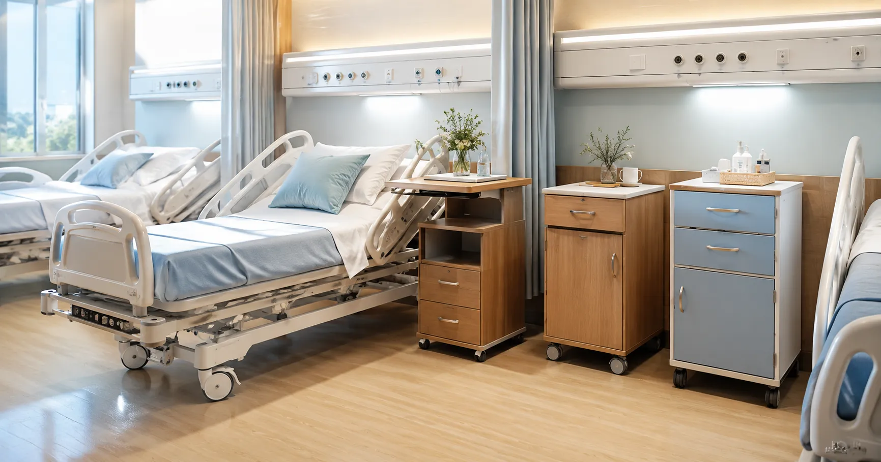 Hospital bedside locker and cabinet providing secure storage and patient convenience in wards and IC