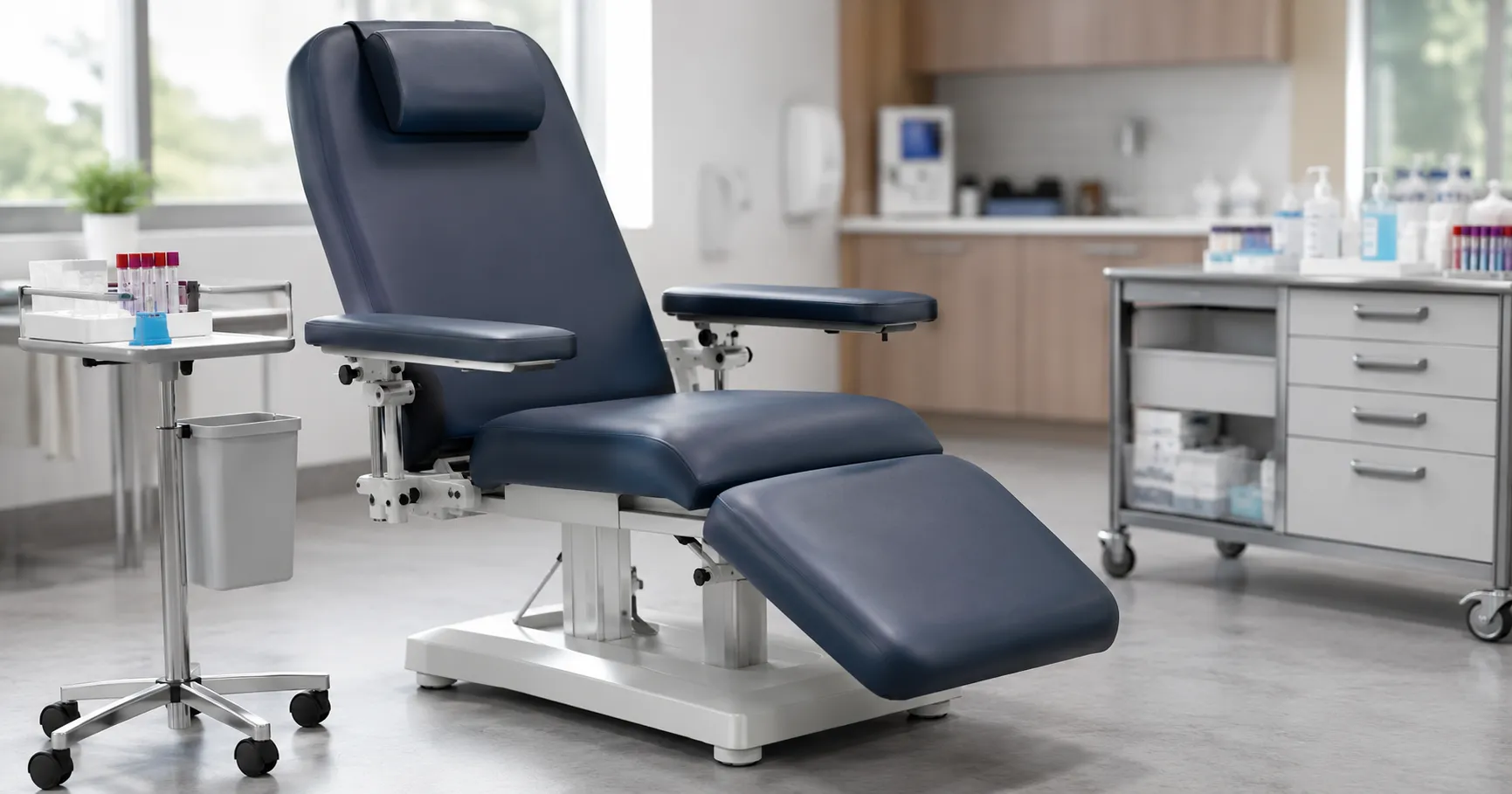 Blood collection chair in a hospital or lab, providing ergonomic seating and armrest support for saf