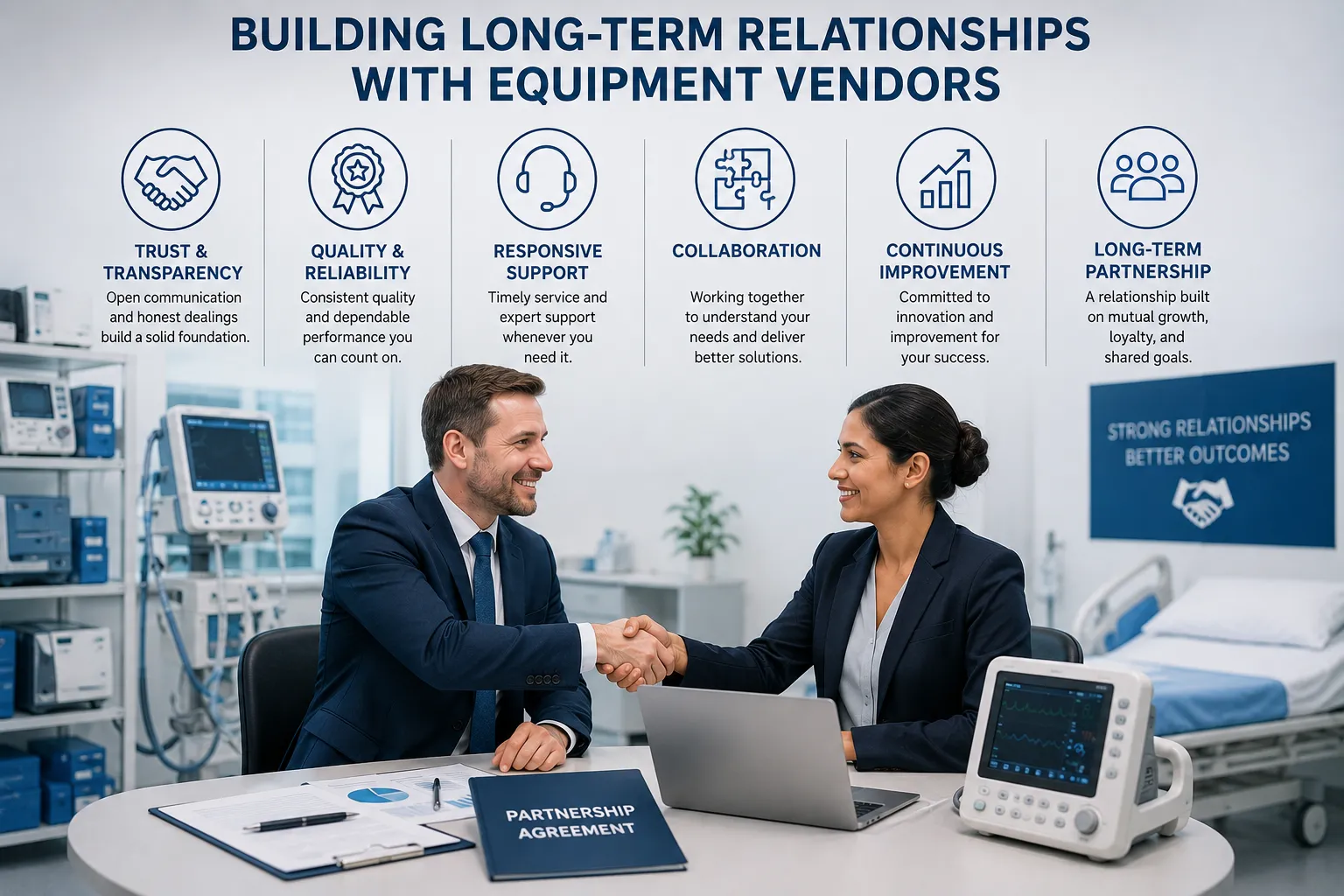 Healthcare procurement team building long-term relationships with medical equipment vendors using su
