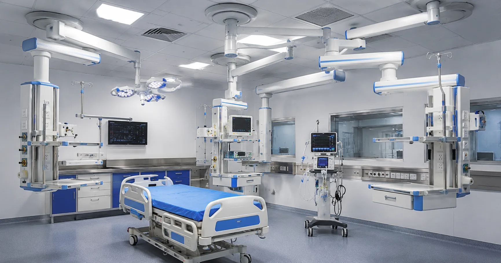 Ceiling mounted medical pendant system installed in ICU and operating theatre hospital environment.