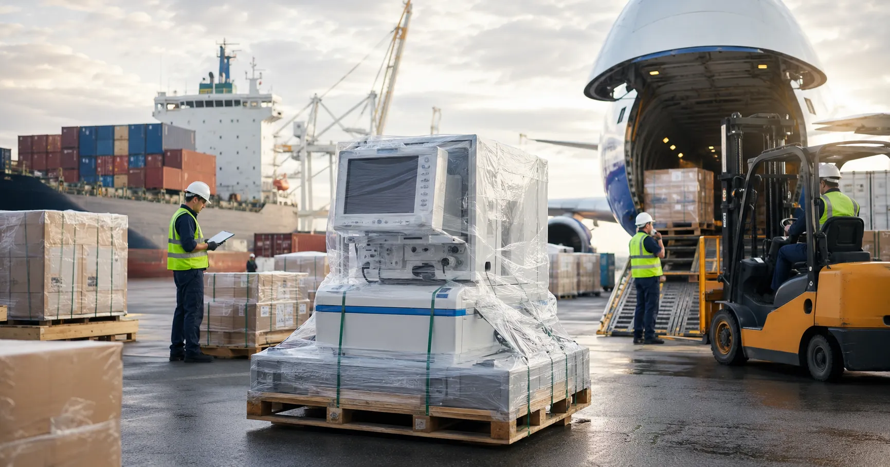 Medical equipment packed for international shipping with freight containers, customs documents, ware