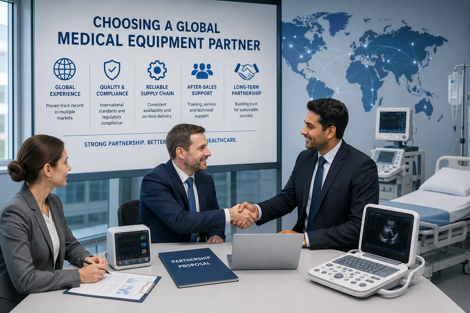 Healthcare procurement team choosing a global medical equipment partner with supplier documents, int