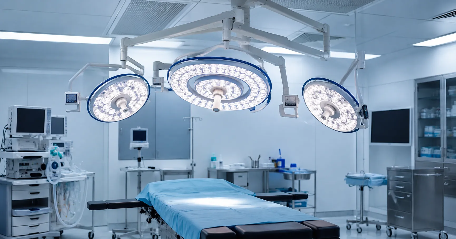 Modern operating room showing adjustable surgical lights illuminating the operating table to ensure 