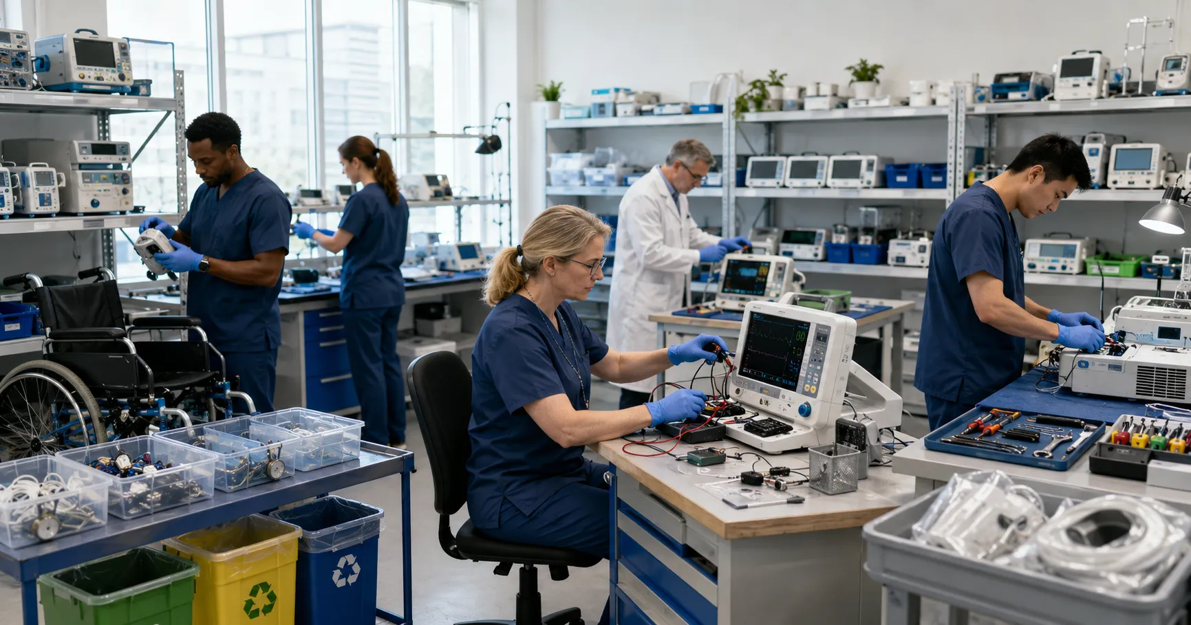 Healthcare sustainability team reviewing circular economy strategies for medical equipment with reus