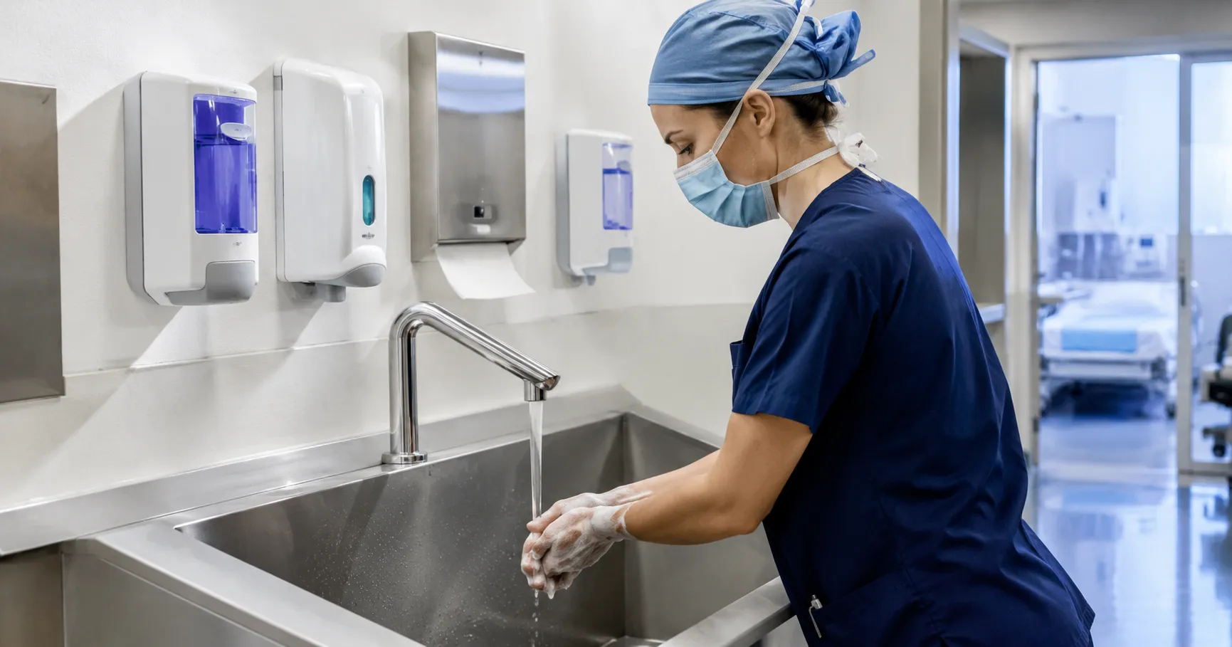 Touch-free clinical handwashing stations in a hospital infection prevention area