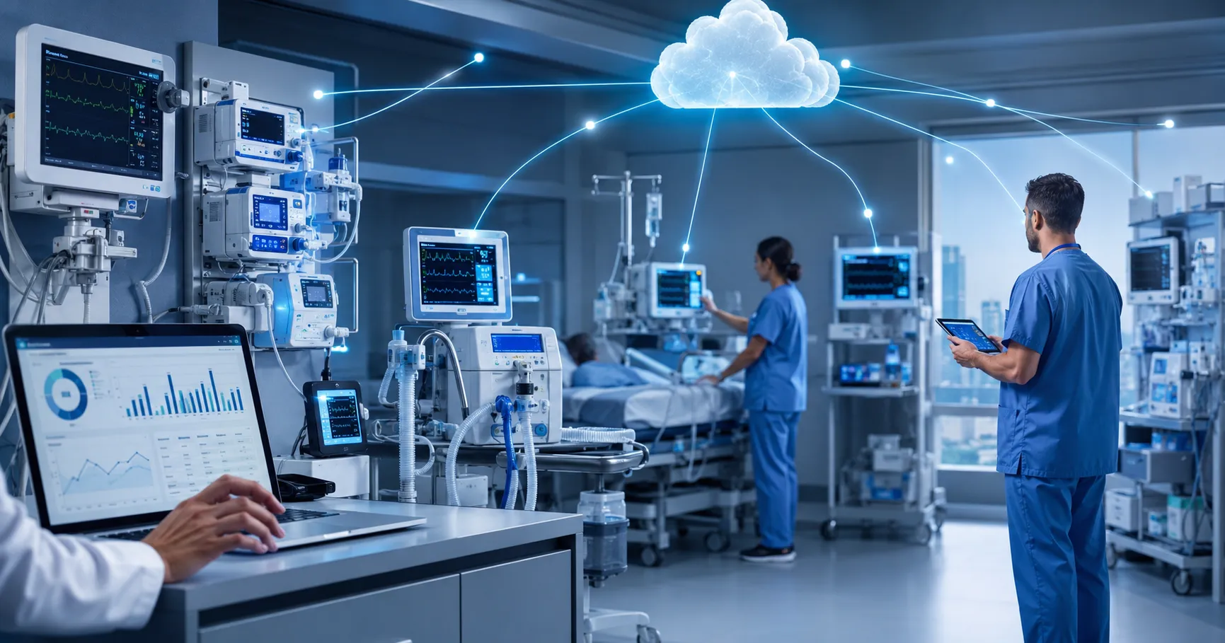 Biomedical engineering team using a cloud-based dashboard to manage hospital medical equipment, main