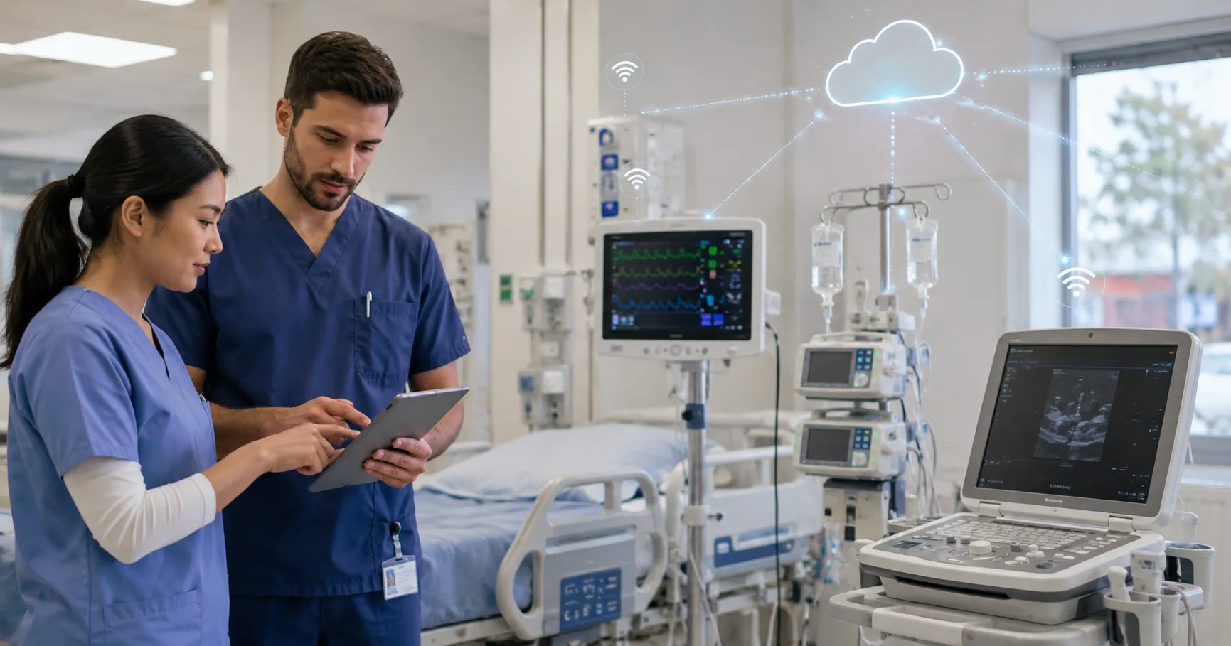 Healthcare team reviewing cloud-connected medical devices with smart monitors, remote data access, c