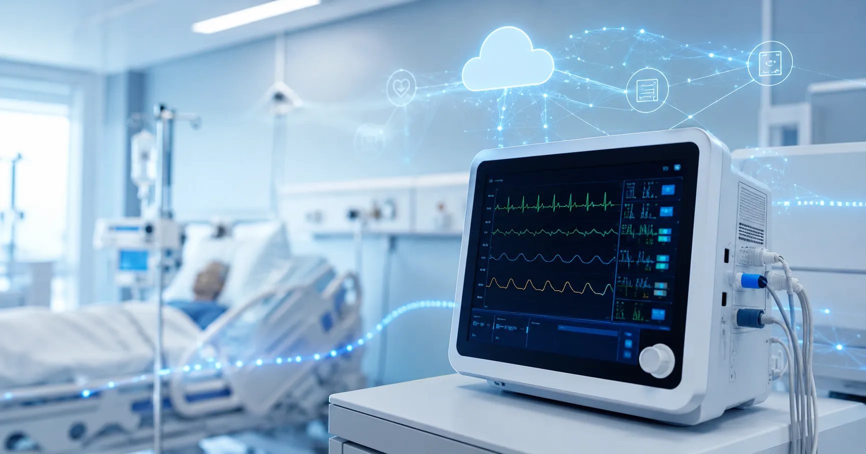 Hospital team using a cloud-connected patient monitor with vital signs display, central dashboard, a