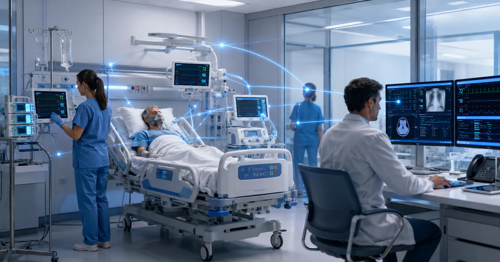 Hospital team using connected healthcare equipment with patient monitors, smart devices, digital das
