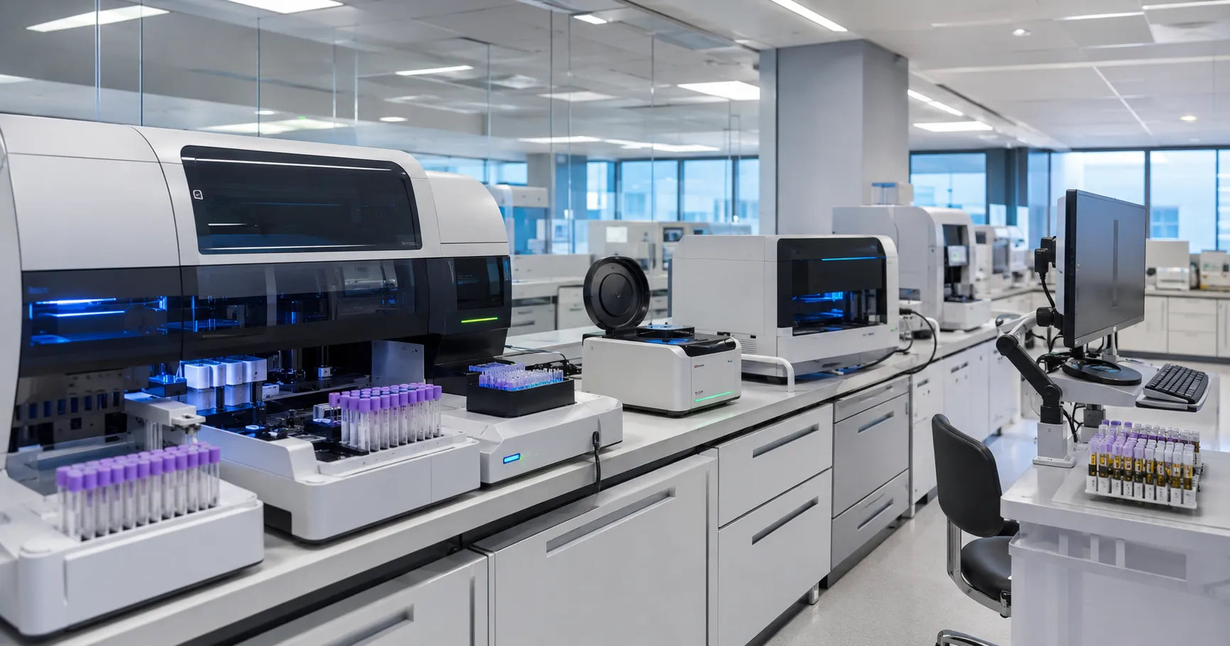 Hospital laboratory team using connected laboratory devices with analysers, barcode sample tracking,