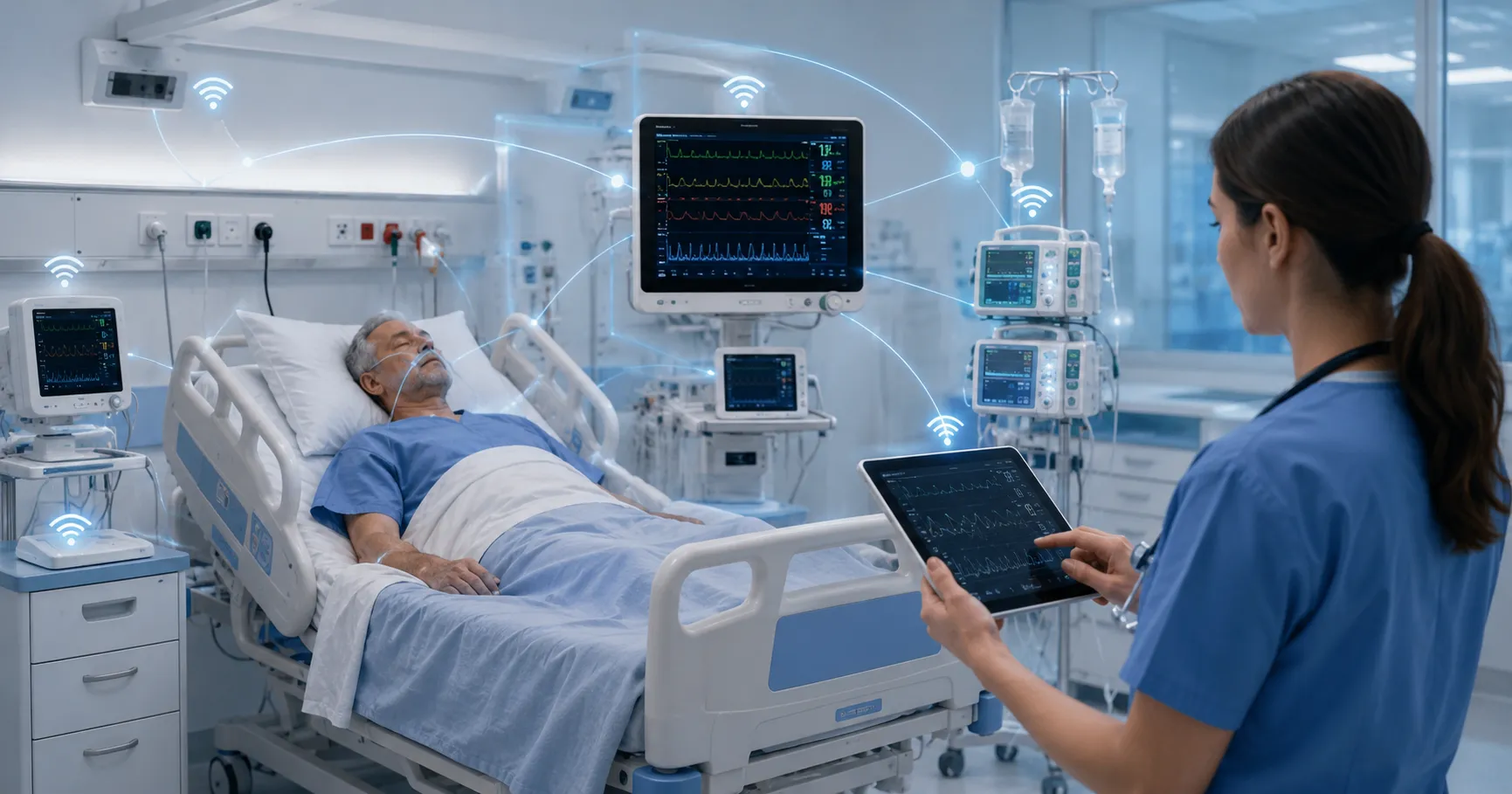 Healthcare team using a connected patient monitoring system with vital signs monitors, central stati