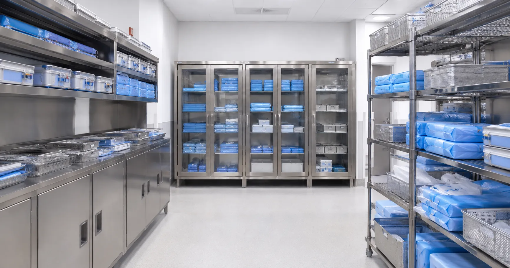 CSSD sterile instrument storage area with clean cabinets, trays, and labelled shelves