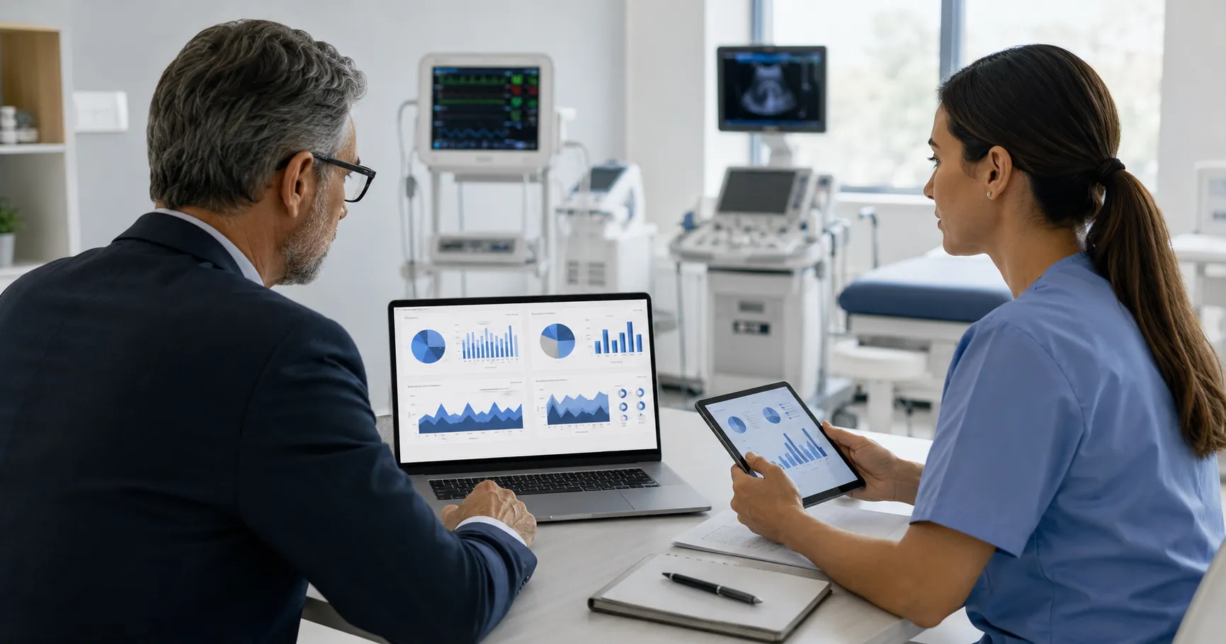 Clinic procurement team using data-driven medical equipment planning with usage records, patient vol