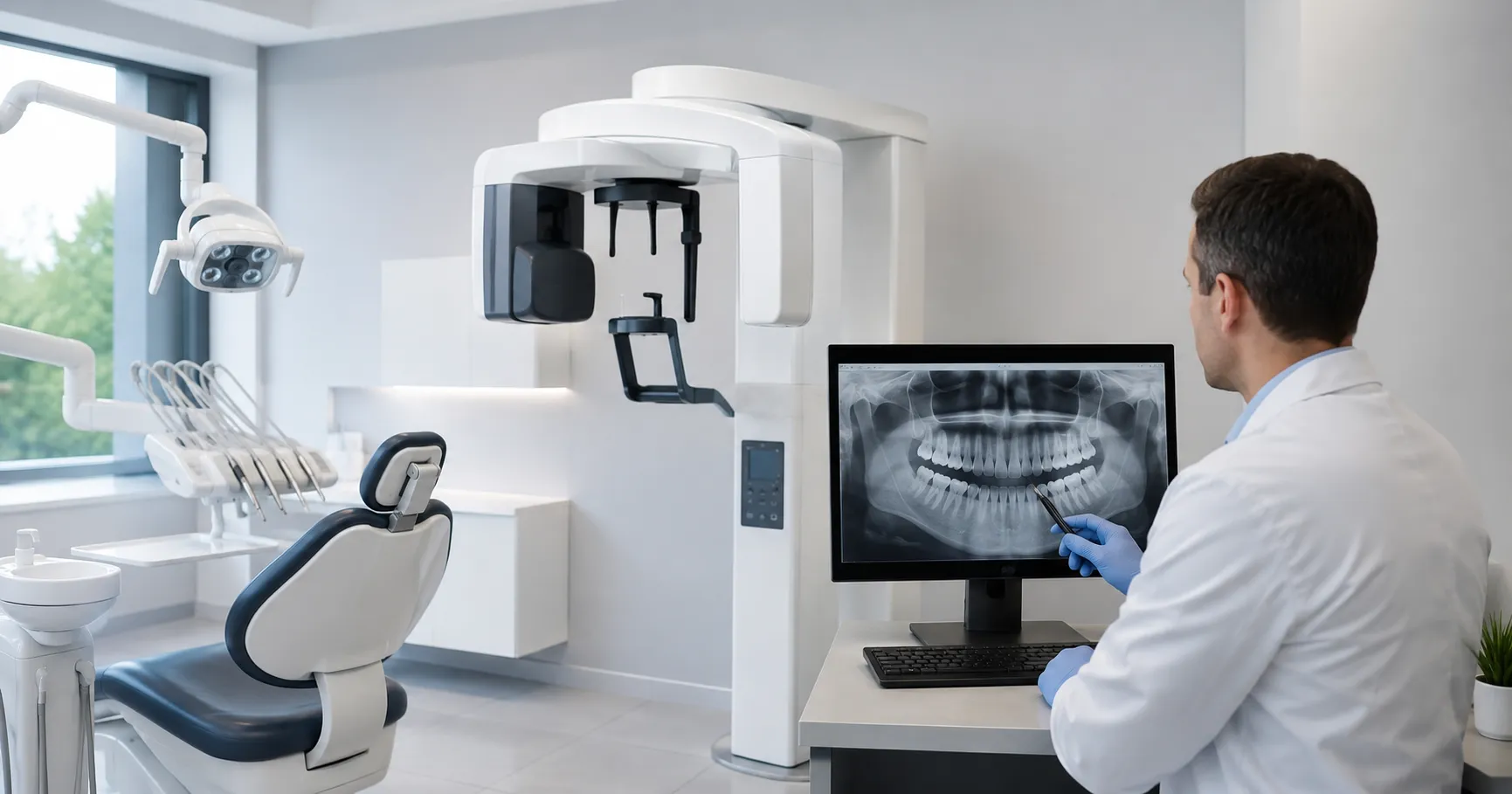 Digital dental X-ray system in modern dental clinic environment.