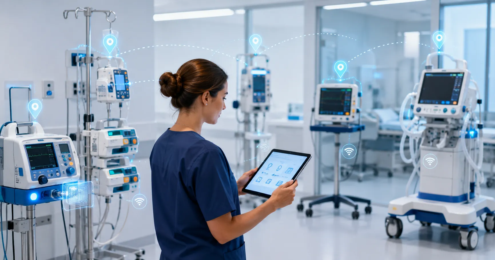 Healthcare operations team using a digital equipment tracking system with RFID tags, asset dashboard