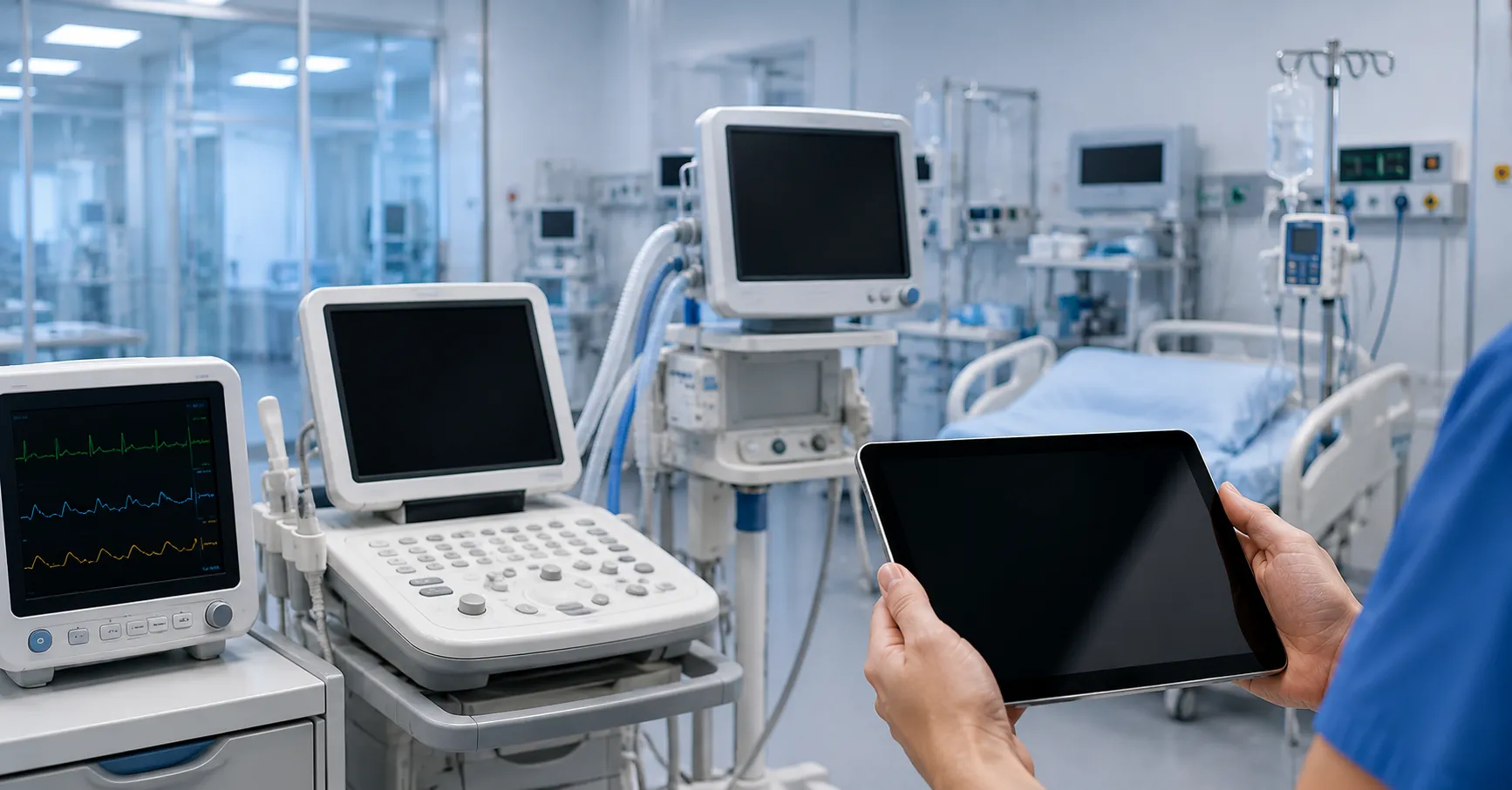 Healthcare team using digital health equipment with connected monitors, wearable sensors, diagnostic