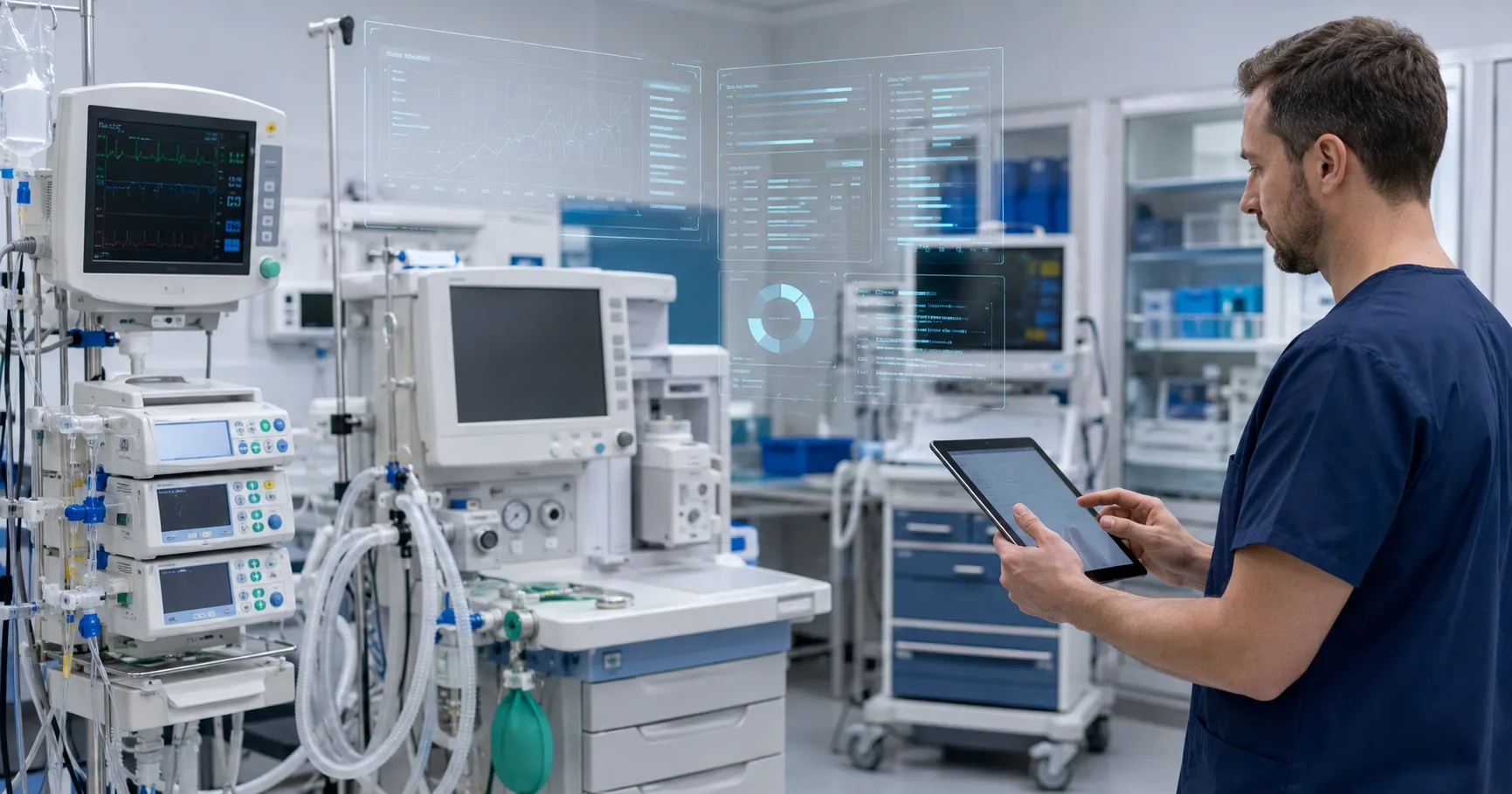 Biomedical engineer reviewing digital maintenance records for hospital medical equipment with servic