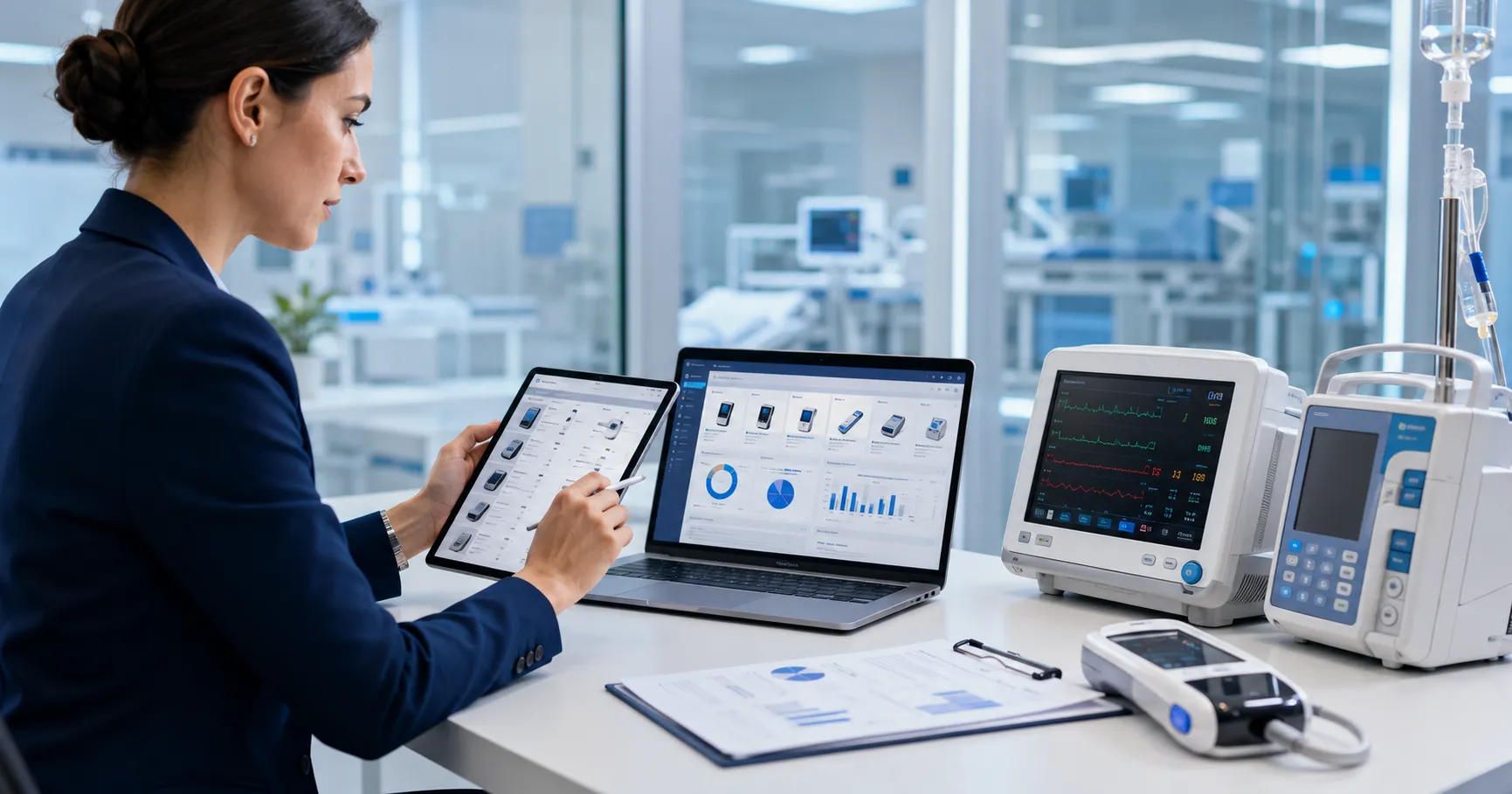 Healthcare procurement team using digital procurement tools with supplier dashboards, quotation comp