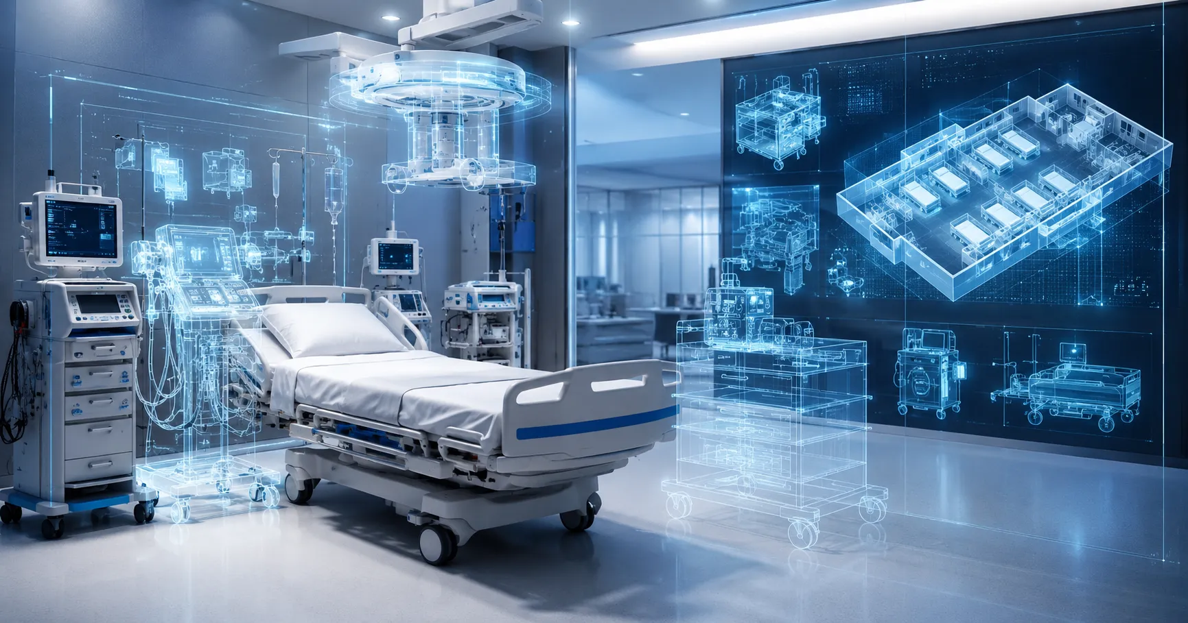 Healthcare planning team using digital twin technology with hospital equipment models, asset dashboa