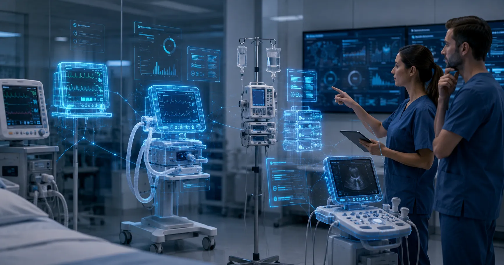 Healthcare technology team using digital twin technology to monitor medical equipment performance, p