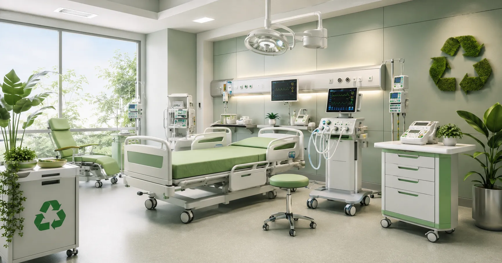 Hospital procurement team reviewing eco-friendly medical devices, reusable equipment, energy-efficie