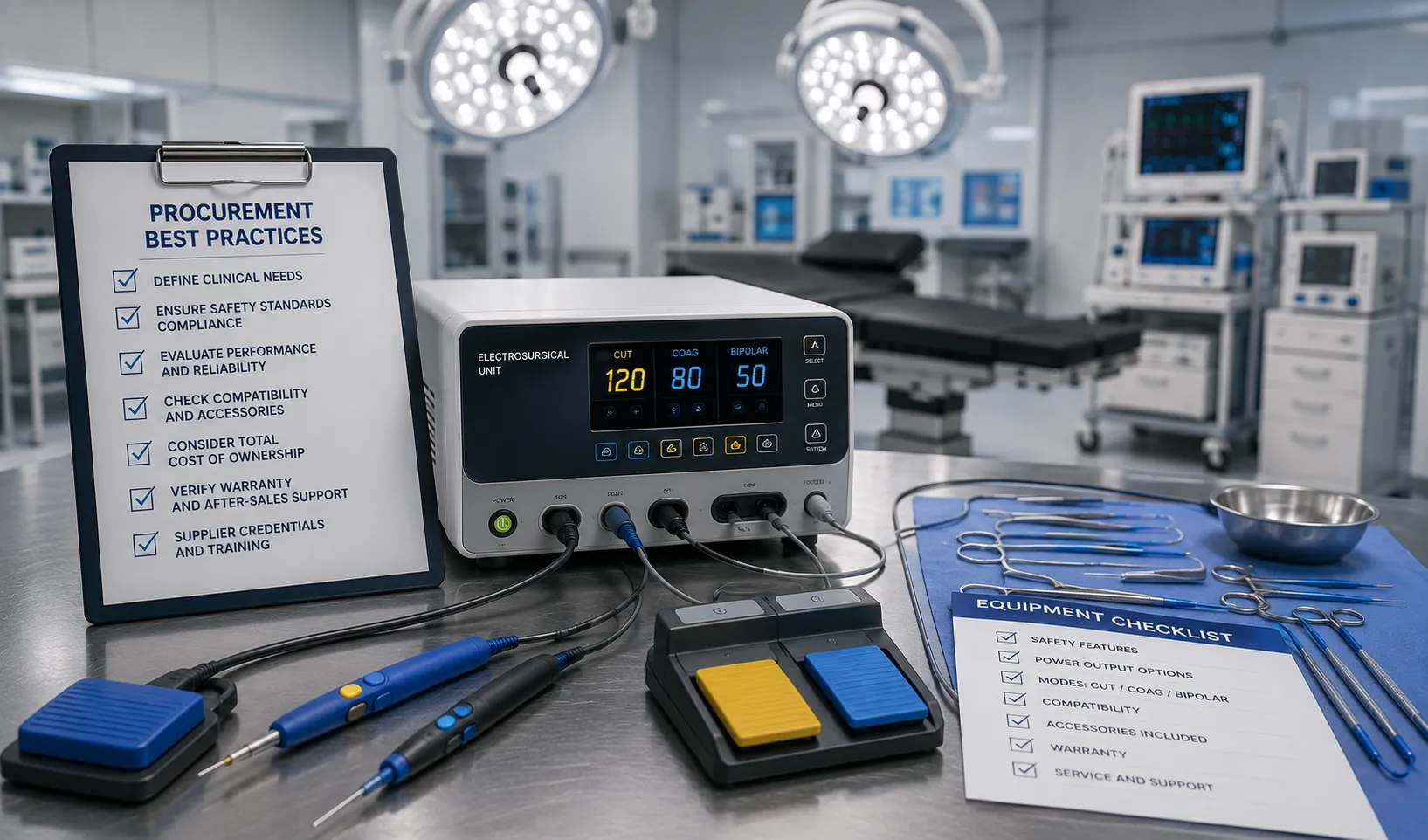 Modern electrosurgical equipment prepared for operating theatre use.