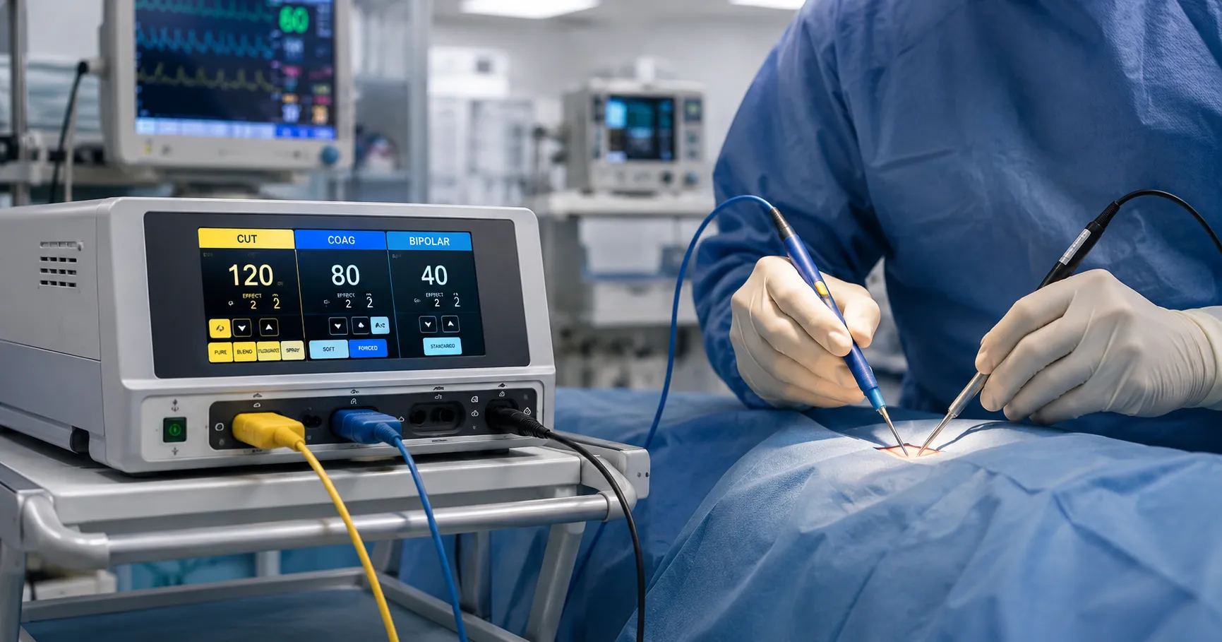 Electrosurgical unit in a hospital operating room for precise cutting and coagulation during surgica